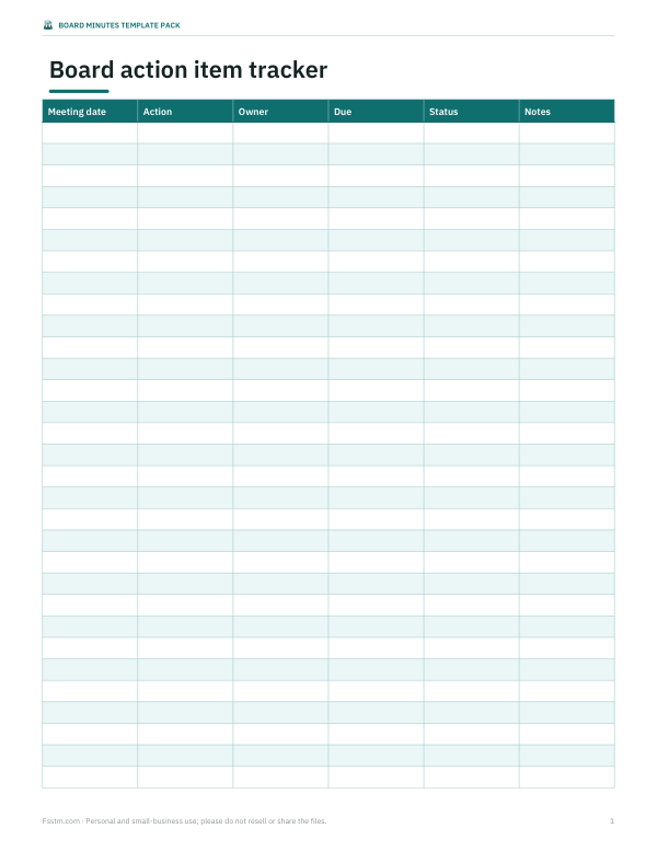 Preview of Board Action Item Tracker