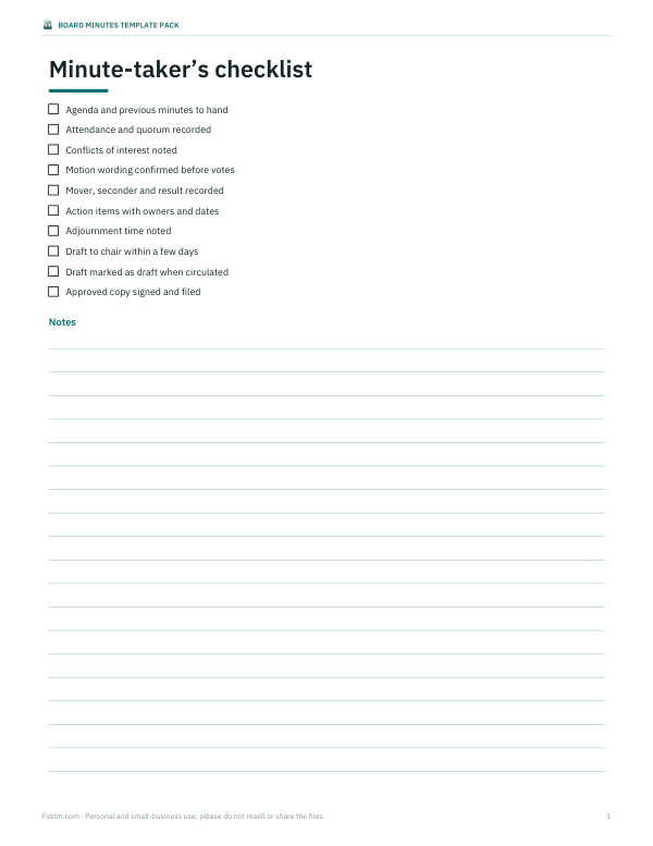Preview of Printable Minute-Taker Checklist