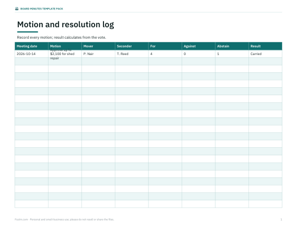 Preview of Printable Motion Log Template